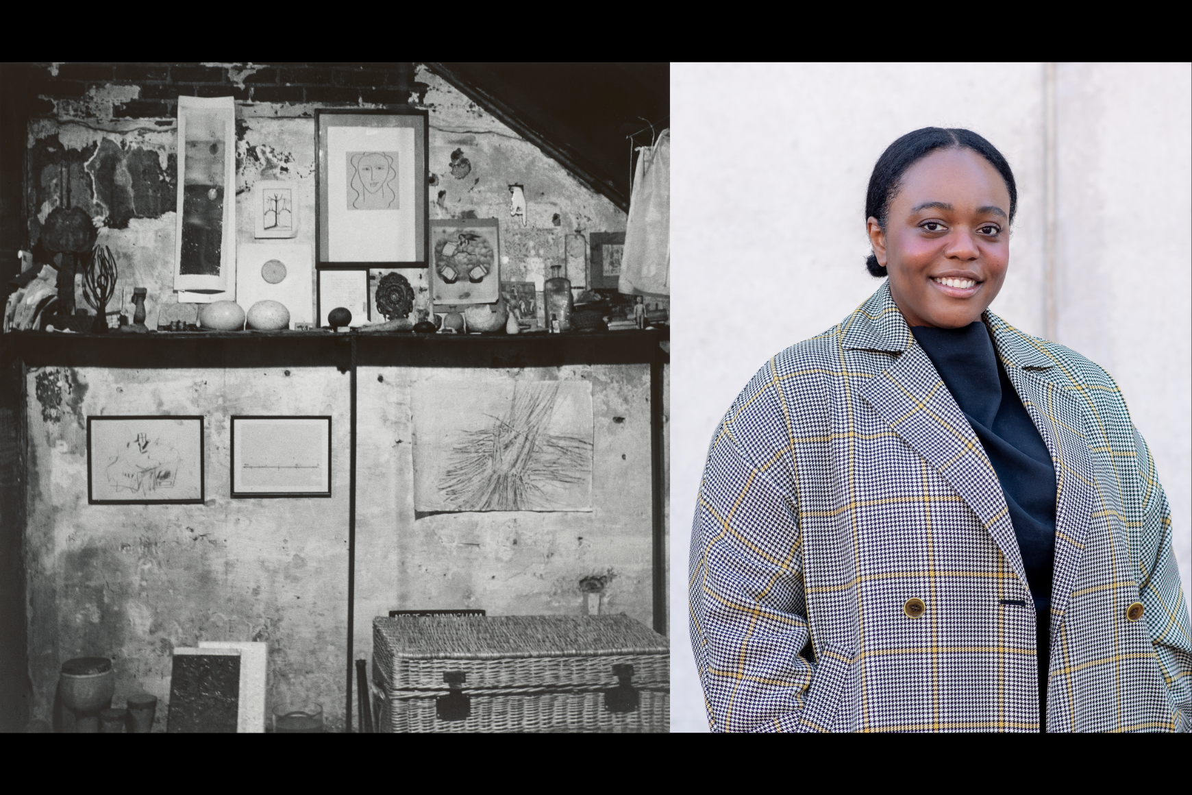 Photo by Robert Rauschenberg and a separate photo of a woman smiling
